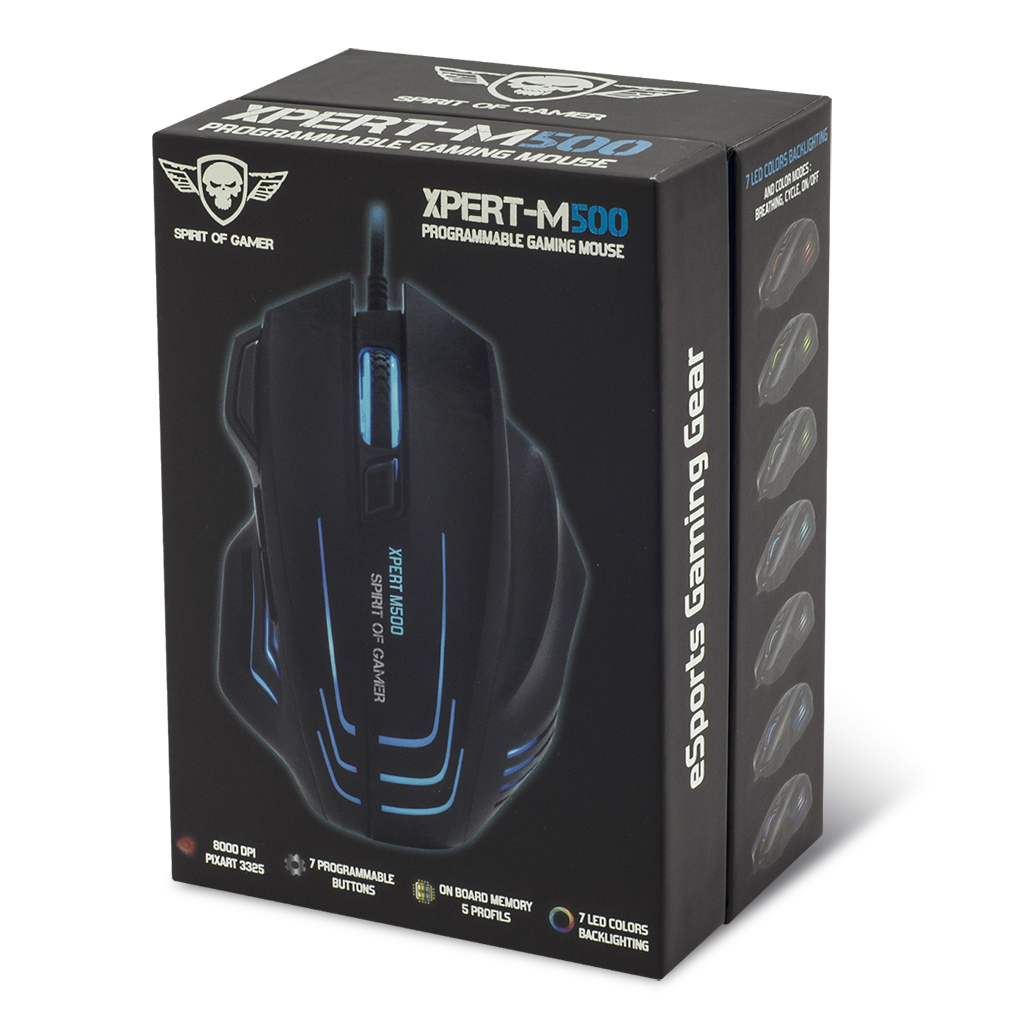 S-XM500 SOURIS XPERT-M500 GAMING SPIRIT OF GAMING - SUZA INTERNATIONAL - CYRIELLE GILLES GRAPHISME GRAPHISTE RESPONSABLE MARKETING COMMUNICATION - PACKAGING - MISE EN PAGE - amazon leclerc ldlc - shooting photo - retouches- photomontages